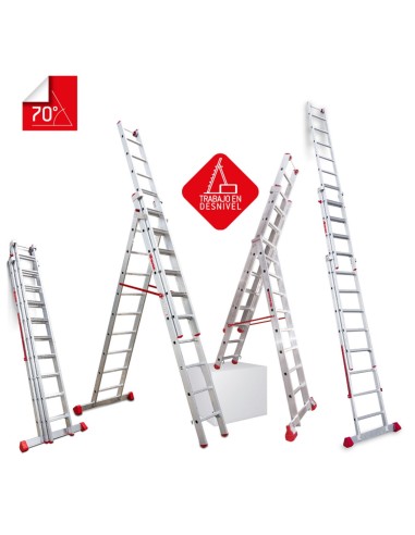 Escalera multiuso de 3 tramos con peldaños cómodos EN1510 9+10+10 Peldaños