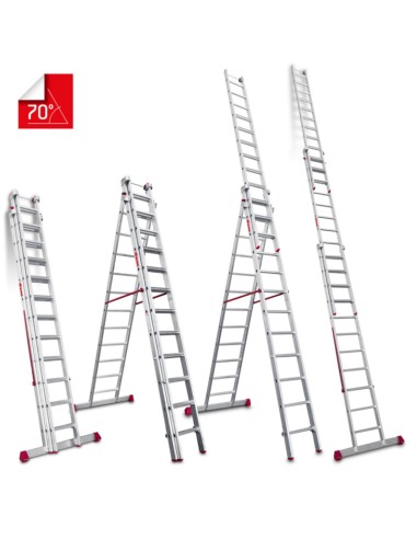 Escalera multiuso de 3 tramos con peldaños cómodos EN1512 11+12+12 Peldaños