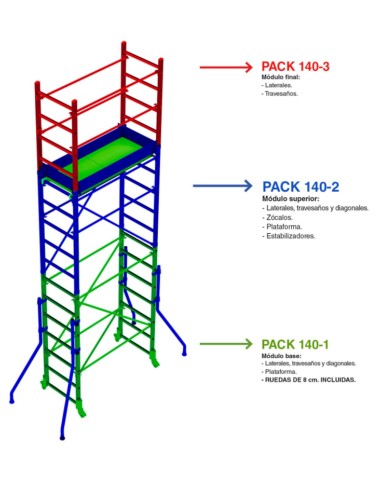 Andamio de aluminio con ruedas y plataforma de 140x60 cm. PACK-140- 1 -2 y 3