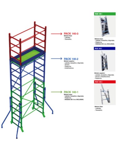 Andamio de aluminio con ruedas y plataforma de 140x60 cm. PACK-140- 1 -2 y 3