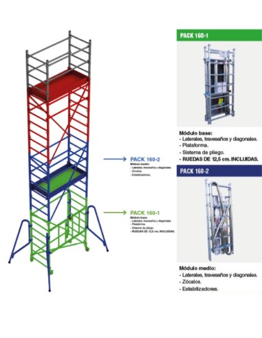 Andamio de aluminio con ruedas y plataforma de 160x80 cm  PACK-160-1-2.
