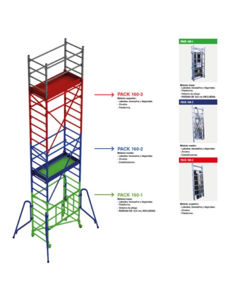 Andamio de aluminio con ruedas y plataforma de 140x60 cm. PACK-160- 1 -2 y 3