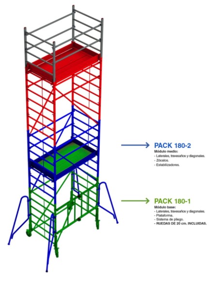 Andamio de aluminio con ruedas y plataforma de 180x105 cm.  PACK 180-1 Y 2