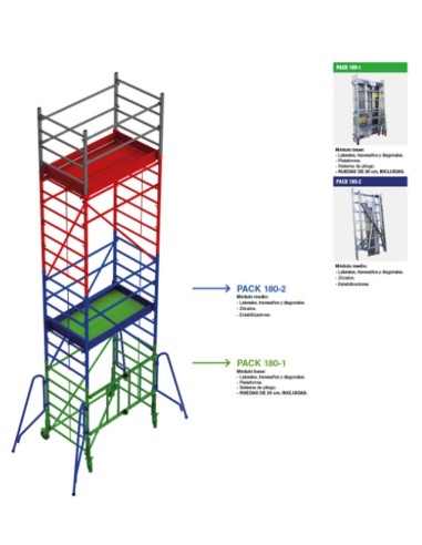 Andamio de aluminio con ruedas y plataforma de 180x105 cm.  PACK 180-1 Y 2
