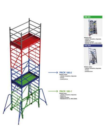 Andamio de aluminio con ruedas y plataforma de 180x105 cm.  PACK 180-1 Y 2