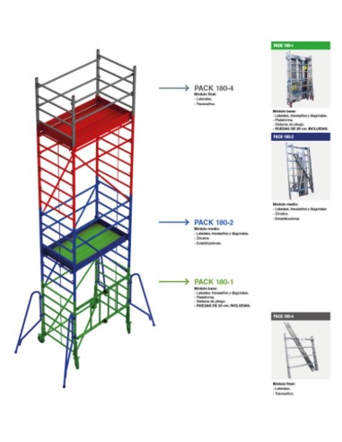 Andamio de aluminio con ruedas y plataforma de 180x105 cm. PACK 180-1 - 2 y 4