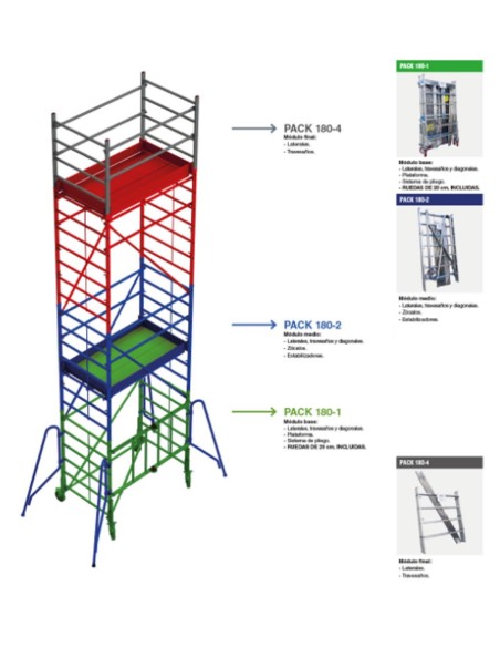 Andamio de aluminio con ruedas y plataforma de 180x105 cm. PACK 180-1 - 2 y 4