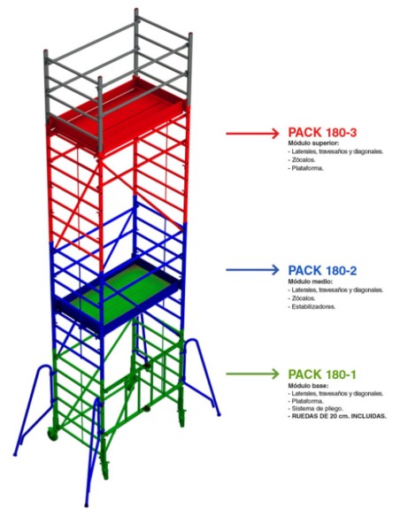 Andamio de aluminio con ruedas y plataforma de 180x105 cm. PACK 180-1 - 2 y 3