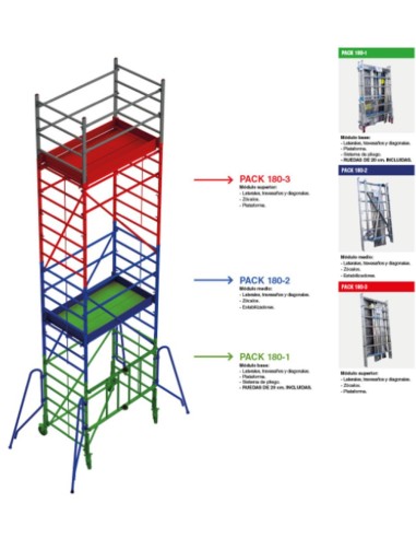 Andamio de aluminio con ruedas y plataforma de 180x105 cm. PACK 180-1 - 2 y 3