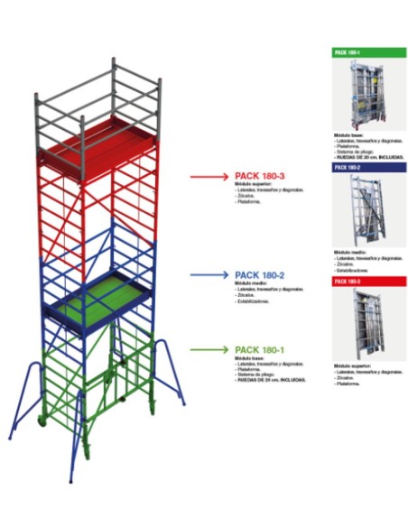 Andamio de aluminio con ruedas y plataforma de 180x105 cm. PACK 180-1 - 2 y 3