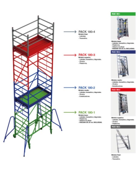 Andamio de aluminio con ruedas y plataforma de 180x105 cm. PACK 180-1 - 2 - 3- 3 y 4