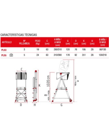Escalera con amplia plataforma y altura regulable PLS5