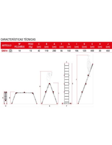 Escalera articulada multiuso en aluminio EA614