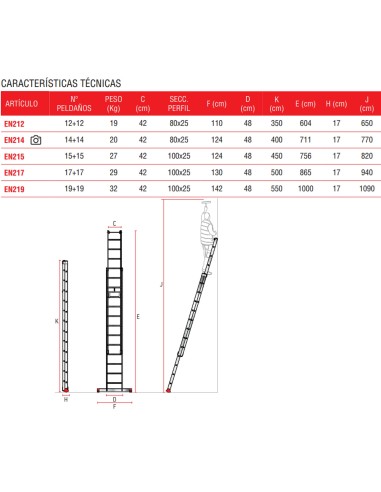 Escalera de aluminio extensible con cuerda EN2012 12+12 Peldaños