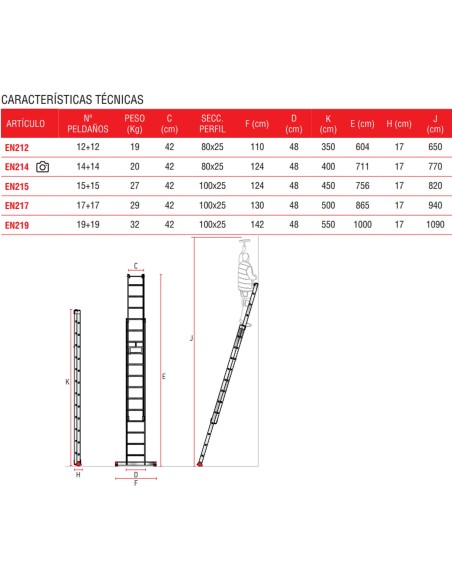 Escalera de aluminio extensible con cuerda EN215 15+15 Peldaños