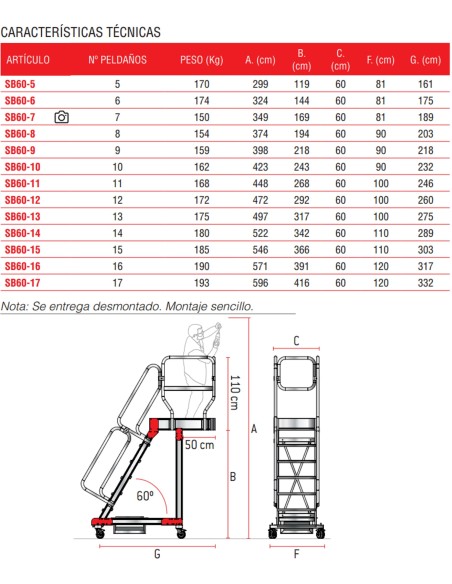 Escalera de aluminio con plataforma y vuelo| Inclinación de 60º SB60-8  8 Peldaños