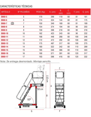 Escalera de aluminio con plataforma y vuelo| Inclinación de 60º SB60-10  10 Peldaños