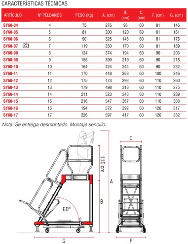 Escalera de aluminio con plataforma y cuatro ruedas | Inclinación de 60º SY60-17 17 Peldaños