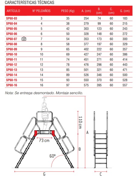 Escalera puente de aluminio con plataforma | Inclinación 60º SP 60-15 15 Peldaños