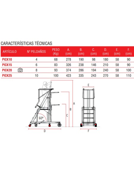 Escalera con plataforma y plano de carga eléctrico PICK15 6 Peldaños