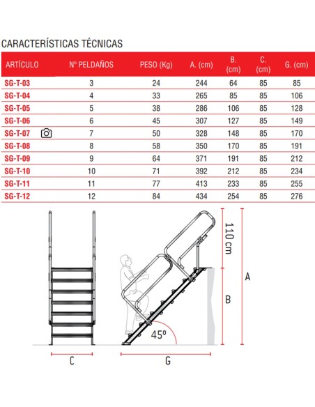 Escalera para entreplantas y altillos | Tramex | Inclinación 45º SG-T-07 7 Peldaños