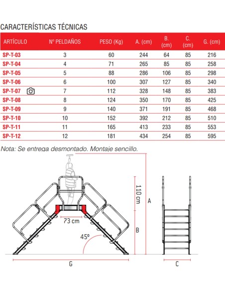 Escalera puente con plataforma en tramex | Inclinación 45º SP-T-10 10 Peldaños