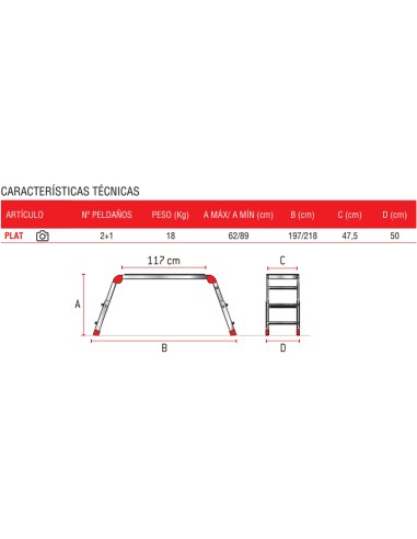 Plataforma de trabajo plegable y regulable en altura PLAT-T  1+2 Peldaños