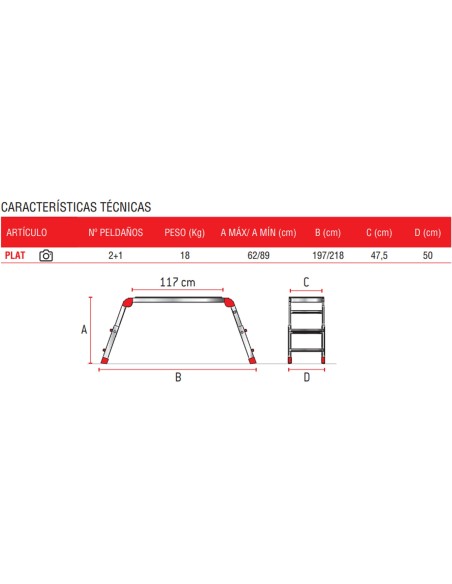 Plataforma de trabajo plegable y regulable en altura PLAT-T  1+2 Peldaños