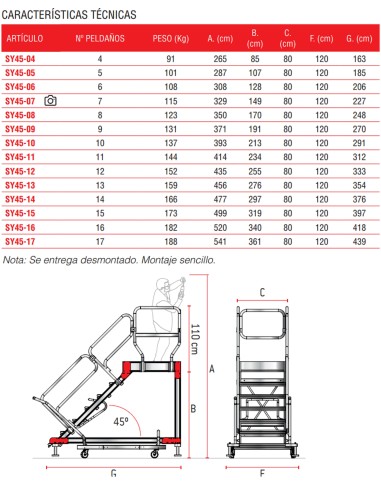 Escalera con plataforma y cuatro ruedas | Inclinación de 45º SY45-11 11 Peldaños
