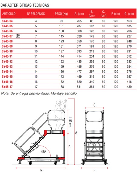 Escalera con plataforma y cuatro ruedas | Inclinación de 45º SY45-11 11 Peldaños