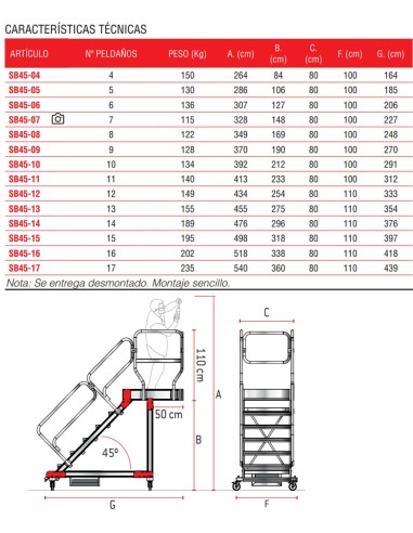 Escalera de aluminio con plataforma y vuelo| Inclinación de 45º  SB45-04  4 Peldaños