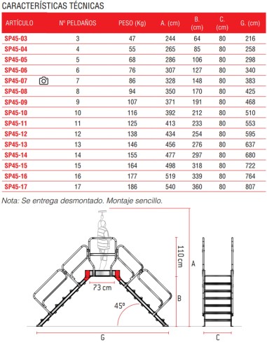 Escalera de doble ascenso con plataforma,base con ruedas y tramo de ascenso a 45º. SP45-13 13 Peldaños