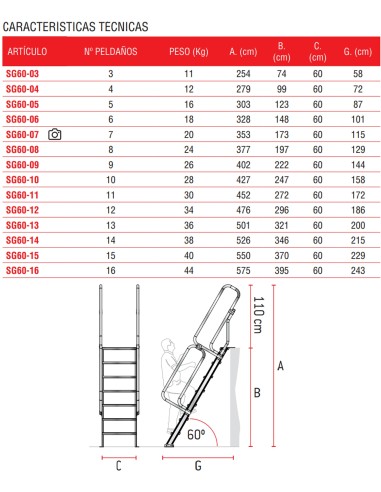 Escalera de aluminio fija para entreplantas y altillos | Inclinación 60º 9 Peldaños SG60-09