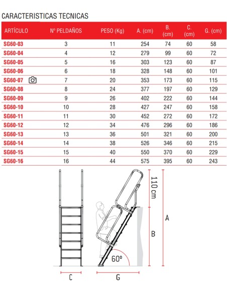 Escalera de aluminio fija para entreplantas y altillos | Inclinación 60º 13 Peldaños SG60-13
