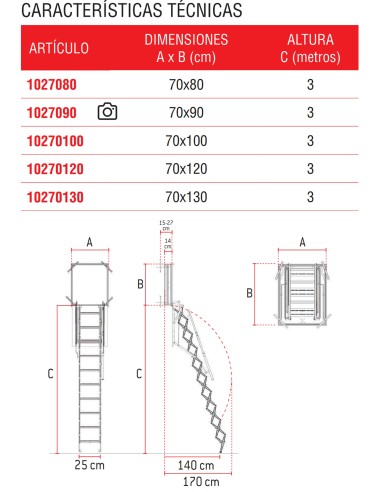 Escalera escamoteable para pared en acero galvanizado  70 X 80
