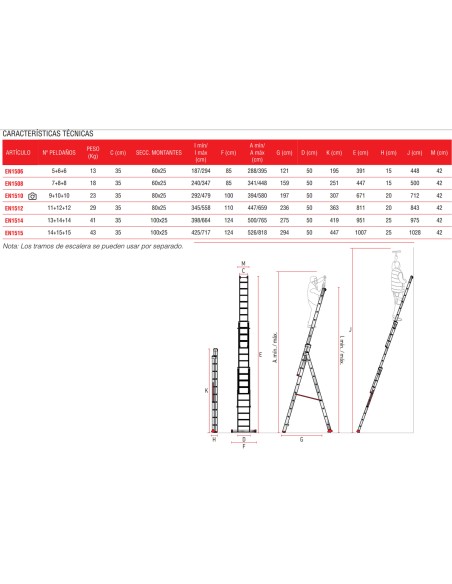Escalera multiuso de 3 tramos con peldaños cómodos EN1514 13+14+14 Peldaños