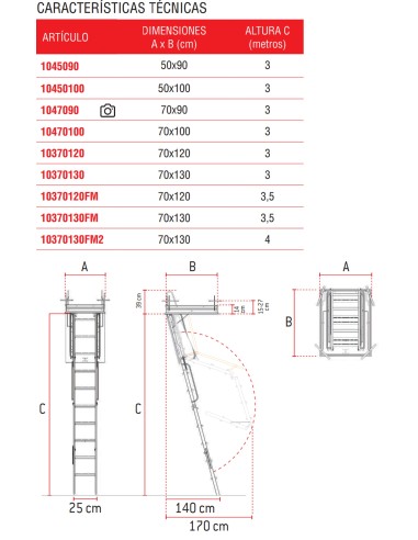 Escalera para techos desplegable en 4 tramos de acero pintado gris 70 X 120