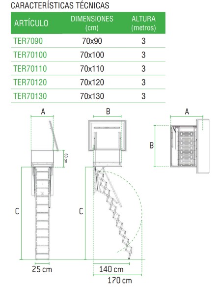 Escalera escamoteable exterior en acero galvanizado para terrazas 70 X 120 Cm