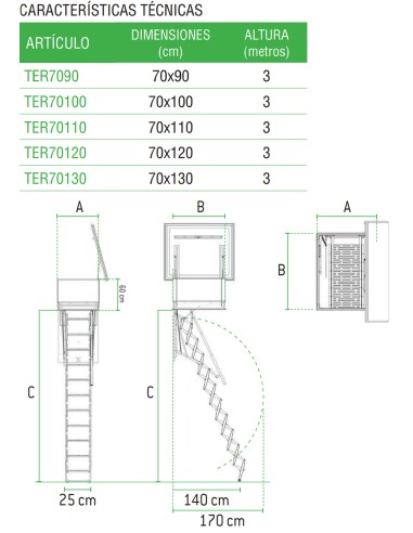 Escalera escamoteable exterior en acero galvanizado para terrazas 70 X 130 Cm