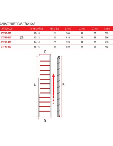 Escalera extensible de 2 tramos de fibra de vidrio 14+14 Peldaños