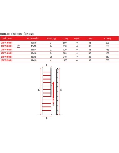 Escalera de fibra de vidrio extensible con rueda 2TFV-500/EC