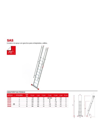 Escalera de apoyo con ganchos para entreplantas y altillos  SAS