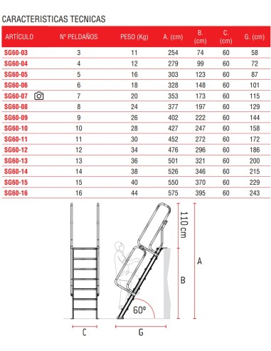 Escalera de aluminio fija para entreplantas y altillos | Inclinación 60º 4 Peldaños SG60-04
