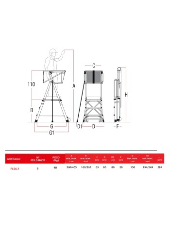 Escalera con amplia plataforma y altura regulable PLS6.7
